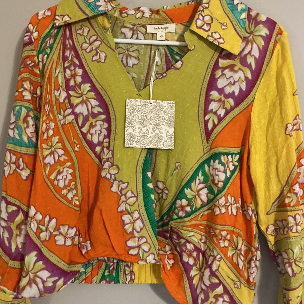 NWT Haute Hippie XS Cropped Boho Top 70s Floral Retro Festival - Picture 4 of 10
